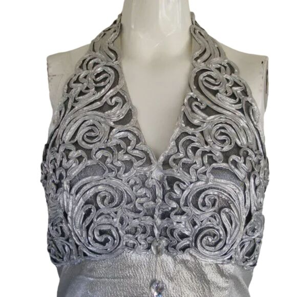 JESSICA McCLINTOCK Gown/Dress, XS/S, Silver Lame, Halter, Embellished Bustline - Picture 11 of 14